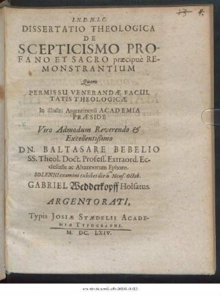 Dissertatio Theologica De Scepticismo Profano Et Sacro praecipue Remonstrantium