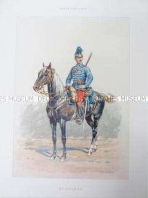 Uniformdarstellung, Husar zu Pferd, Frankreich, um 1890.