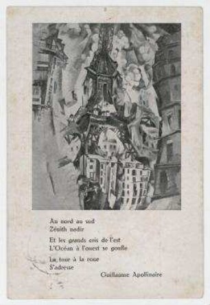 Sturm-Postkarte (Erster deutscher Herbstsalon) von [Ernst] Neumann an Raoul Hausmann. Abbildung nach einem Gemälde von Robert Delaunay: La Tour / Paris 1911 und dem Gedicht von guillaume apollinaire: Au nord au sud...