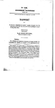 Rapport fait au nom de la Commission des Marchés chargée d'examiner tous les marchés passés par les administrations publiques depuis le 18 juillet 1870 : mission Ferrand ; affaire Savary