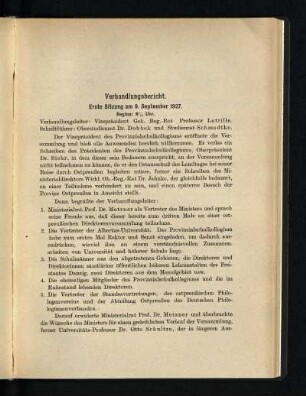 Erste Sitzung am 9. September 1927 : Verhandlungsbericht