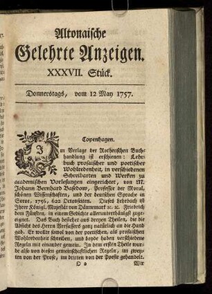 XXXVII. Stück. Donnerstags, vom 12 May 1757