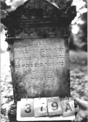 Grabstein 379 (Index: 99799670) Material: Sandstein Zustand: verwittert Maße HxBxT: 91x45x12 cm Beschreibung: Stele, Abdeckplatte mit Giebelaufsatz und Seitenakroteren, Friesband unter der Sima, Schriftfeld eingetieft, getreppter Sockel Symbolik: florale Elemente: Grabstein 379A
