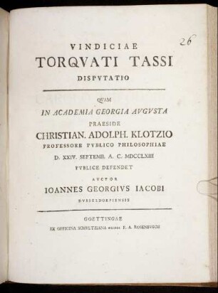 Vindiciae Torqvati Tassi : Dispvtatio