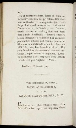 Viro Eruditissimo, Amico, Joann. Andr. Scherer, S. P. D. Jacobus Staudenheimer, M. D.