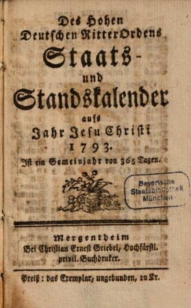 Des Hohen Deutschen Ritterordens Staatskalender : für d. Jahr ... 1793