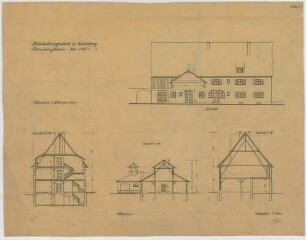 Fischer, Theodor; Lindenberg / Allgäu (Bayern); Haushaltungsschule mit Ökonomiegebäude und Kapelle - Ökonomiegebäude (Ansicht, Schnitte)