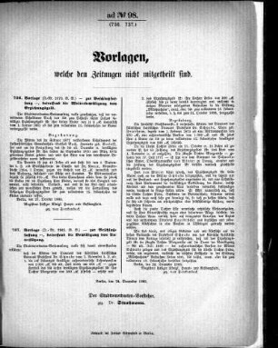 Anlage: ad No. 98. (736. 737.), Vorlagen, welche den Zeitungen nicht mitgetheilt sind