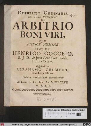 Disputatio Ordinaria Ex Iure Gentium De Arbitrio Boni Viri