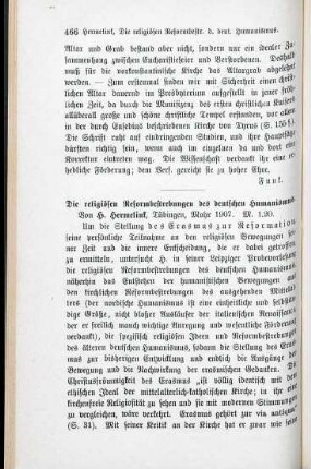 466-467 [Rezension] Hermelink, Heinrich, Die religiösen Reformbestrebungen des deutschen Humanismus
