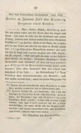 49-50 Aus dem Literarischen Wochenblatt, Juli 1820 : Herder an Johannes Falk über Stolberg. Fragment eines Briefes