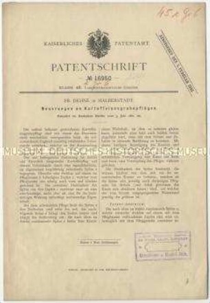 Patentschrift über Neuerungen an Kartoffelausgrabepflügen, Patent-Nr. 16950