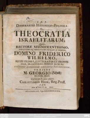 Dissertatio Historico-Politica De Theocratia Israelitarum