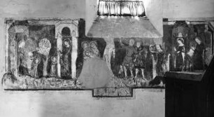 Kreuzigungsgruppe : Kreuzigungsgruppe. Fresko (1351/1400). Murau, Stadtpfarrkirche Sankt Matthäus, Südliches Seitenschiff