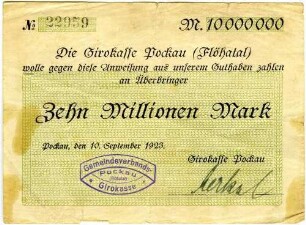 Anweisung über Zehn Millionen Mark