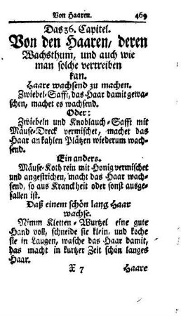 Das 36. Capitel. Von den Haaren, deren Wachsthum, und auch wie man solche vertreiben kan.