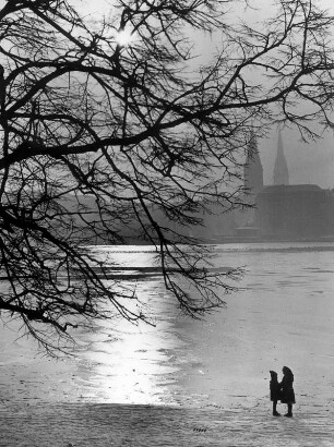 Hamburg. Die zugefrorene Alster im Winter. Im Hintergrund das Zentrum der Freien- und Hansestadt