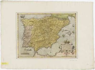 Karte von der Iberischen Halbinsel, 1:3 400 000, Kupferstich, 1595 : Regni Hispaniae Post Omnivm Editiones Locvpletissima Descriptio : Cum privilegio. - [Ca. 1:3 400 000]. - [Antverpiae] : [Aegid. Coppenius Diesth] , [ab 1570]. - 1 Kt. : Kupferst. ; 48 x 36 cm. Auch in: Theatrum Orbis Terrarum. - Text auf der Rücks. u.d.T.: Hispania. - Maßstab in graph. Form (Leuca). - Titelkartusche unten rechts, Maßstabskartusche unten links. - Zählung a. d. Rücks.: 7