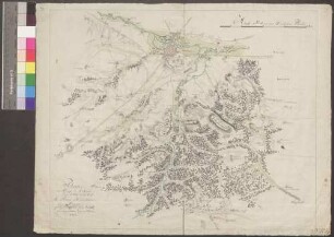 Troppau; "Plan du Camp de l'Armée unter dem Prinzen von Braunschweig bei Troppau"; ohne Verfasser; 1 Meile = 16,4 cm; 50 x 41,5 cm; Kartenrand: Dirschowitz-Troppau-Kravarn; Wudissowitz-Cieskowice-Wyskowsky; Wigstein-Briesau-Wagstadt; Zadig-Jeschkowitz-Leikersdorf; Papier; Federzeichnung mit Schraffen; Wälder besonders hervorgehoben; Siedlungen im Grundriß; Gewässer und Talauen in Wasserfarben; Truppenstellungen.