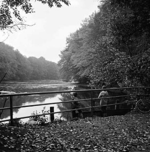Kupfermühle: Kupfermühlenteich: im Vordergrund abgefallene Blätter: rechts Fahrrad: vorn Geländer: rechts dahinter zwei Jungen mit Angel: hinten Wald