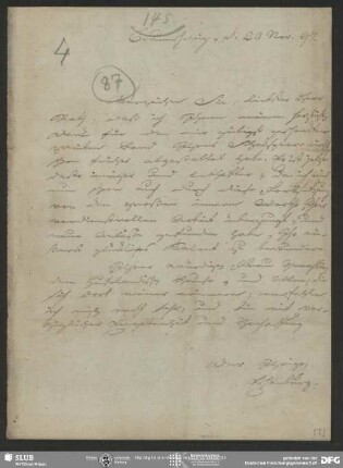 Eigenh. Brief von Johann Joachim Eschenburg an August Wilhelm von Schlegel, Braunschweig, 20.11.1797