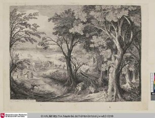 [Landschaft mit einer Gruppe von Reisenden, die überfallen werden; Landscape with Travellers attacked by a Gang of Robbers]
