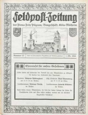 13.1916: Feldpost-Zeitung der Firma Fritz Pilgram, Baugeschäft, Köln-Mülheim