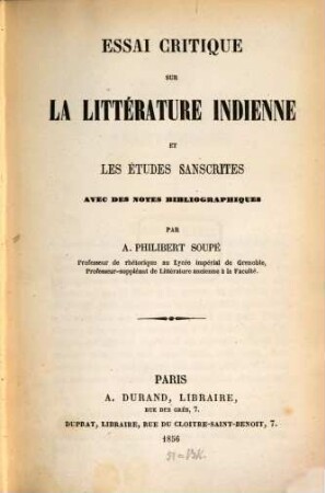 Essai critique sur la littérature indienne et les études sanscrites des notes bibliographique