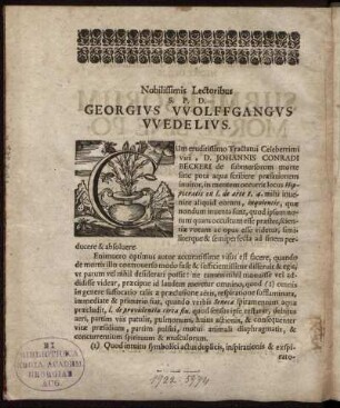 Noblissimis Lectoribus S. P. D. Georgius Wolffgangus Wedelius.