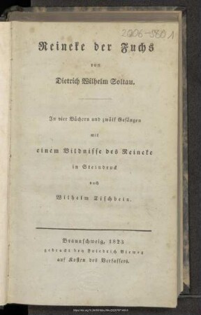 Reineke der Fuchs : Jn vier Büchern und zwölf Gesängen