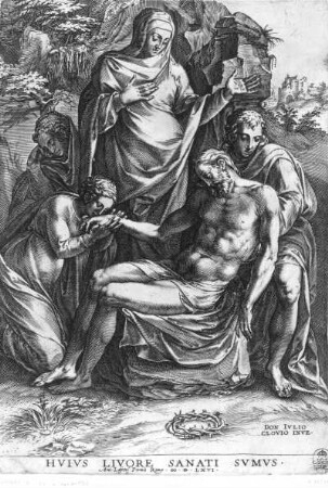 Grablegung : Cort, Cornelis (1533-1578), Clovio, Giulio (1498-1578), Lafreri, Antonio (1512-1577). Grablegung. Kupferstich; 26,7 x 18,8 cm, 1566. Dresden: Kupferstich-Kabinett A 31744 in A 1076 a,2. Leblanc 79