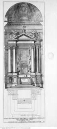 Disegni di vari altari e cappelle nelle chiese di Roma con le loro facciate fianchi piante e misure de più celebri architetti, Tafel 30: S. Maria di Montesanto, Hauptaltar, Schnitt, Grundriss