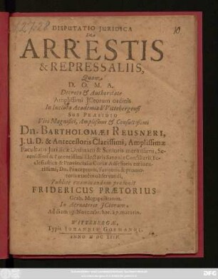 Disputatio Iuridica De Arrestis & Repressaliis