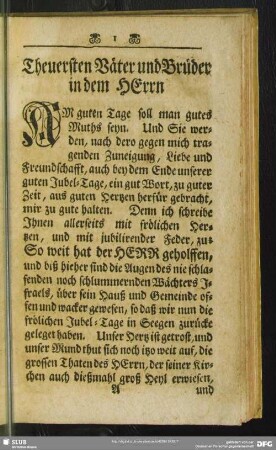 [Vorwort] Theuersten Väter und Brüder in dem Herrn