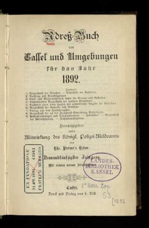 Jg. 59.1892: Adreß-Buch von Cassel und Umgebungen : für das Jahr 1892
