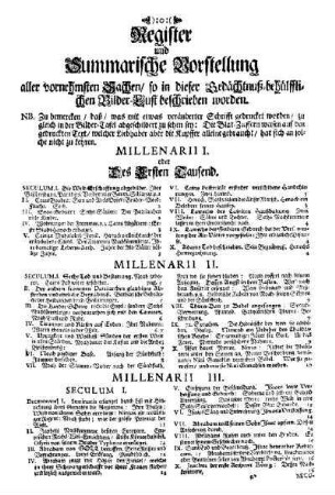 Register und summarische Vorstellung aller vornehmsten Sachen / so in dieser Gedächtnuß-behülfflichen Bilder-Lust beschrieben worden