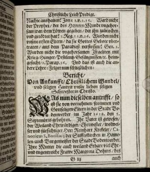 Bericht/ Von Ankunfft/ Christlichem Wandel/ und seligen Hintrit unser lieben seligen Schwester in Christo