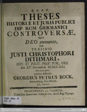 Theses Historiae Et Iuris Publici Imp. Rom. Germanici Controversae