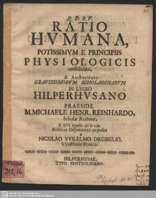 Ratio Humana, Potissimum E Principiis Physiologicis considerata