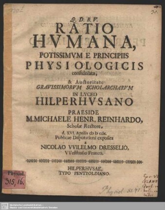 Ratio Humana, Potissimum E Principiis Physiologicis considerata