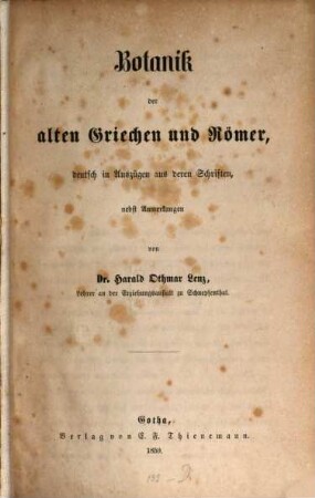 Botanik der alten Griechen und Römer : deutsch in Auszügen aus deren Schriften, nebst Anmerkungen