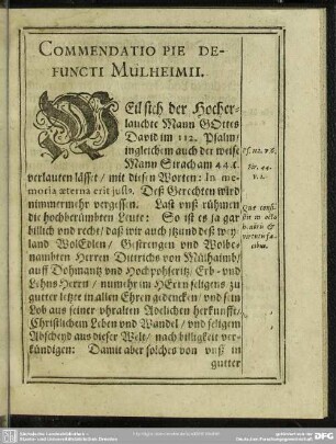 Lebenslauf : Commendatio Pie Defuncti Mulheimii