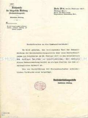 Rundschreiben der Reichsbekleidungsstelle an die Kommunalverbände zur Bestandsaufnahme von Schuhen am 28.2.1917
