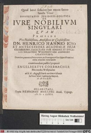 Dissertatio Iuridico-Politica De Iure Nobilium Singulari