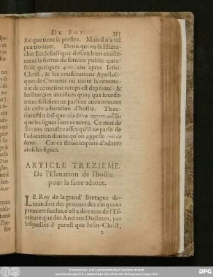 Article Trezieme. De l'Elevation de l'hostie pour la faire adorer.