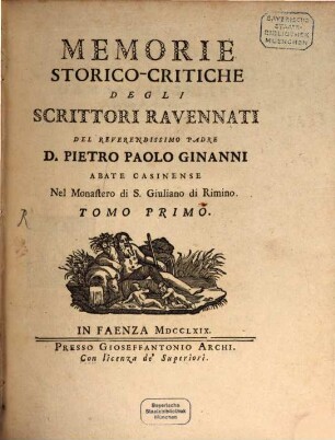 Memorie Storico-Critiche Degli Scrittori Ravennati, 1
