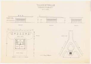Tankstelle: Übersichtsblatt Lageplan 1:500, Grundriss, Ansichten 1:100