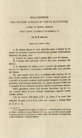 Sulla riduzione dei sistemi lineari di curve ellittiche e sopra un teorema generale delle curve algebriche di genere.