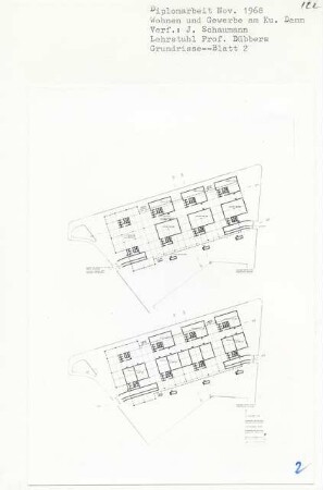 Wohnen und Gewerbe am Kurfürstendamm, Berlin-Charlottenburg (Diplomarbeit bei Kurt Dübbers): Gewerbe, Grundrisse Erdgeschoss 1:500