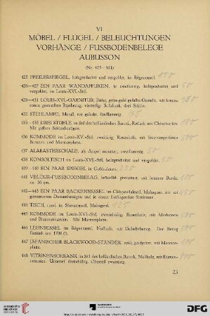 VI. Möbel, Flügel, Beleuchtungen, Vorhänge, Fussbodenbelege, Aubusson (Nr.425-611)